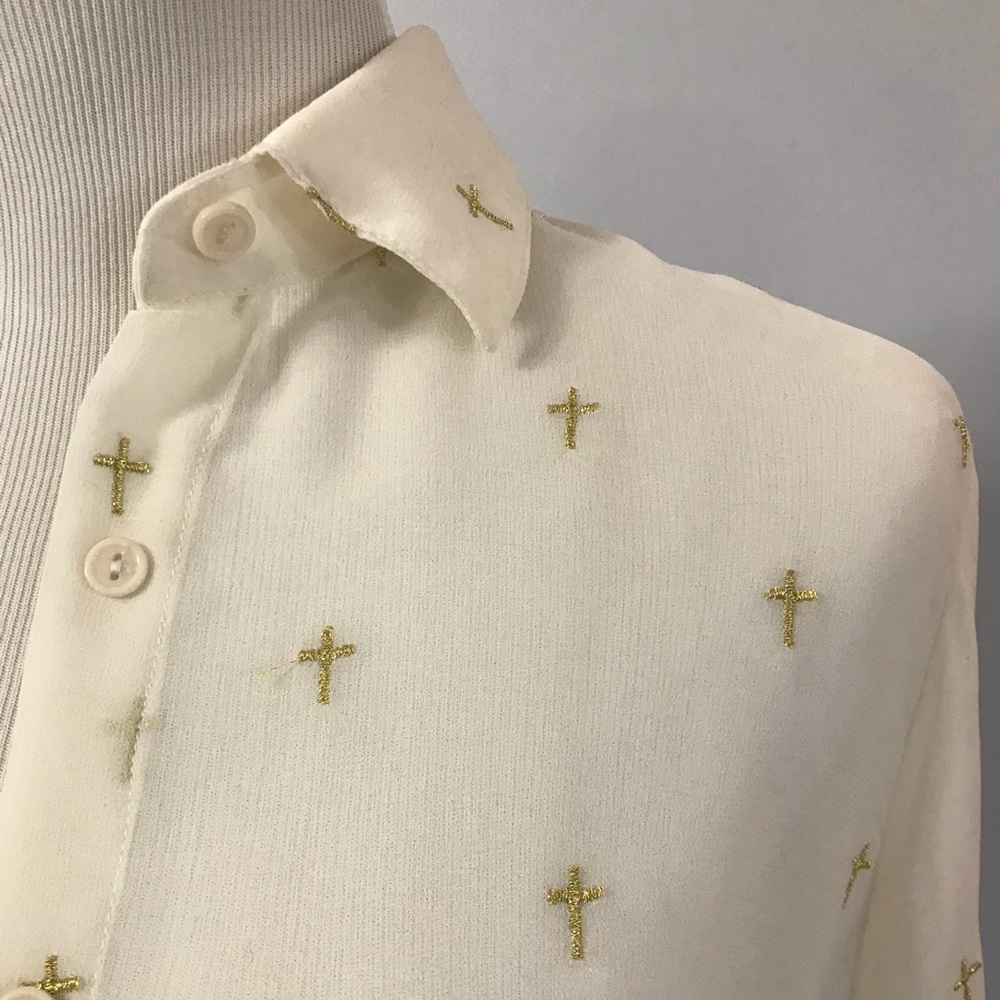 White long sleeve with gold embroidered crosses